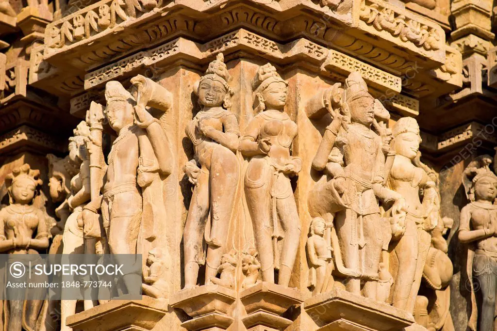 Sculptures of gods and men on the façade of the Kandariya Mahadeva temple, Khajuraho Group of Monuments, UNESCO World Heritage Site