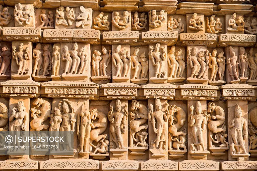 Relief sculptures of gods and men on the façade of the Parshvanath Temple, Eastern Group, Jain Temple, Temple District of Khajuraho, Khajuraho Group o...