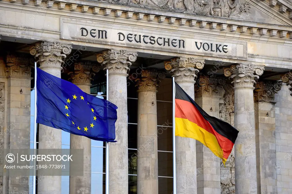 Flags of the European Union and Germany in front of the main gable of the Reichstag Building, Bundestag