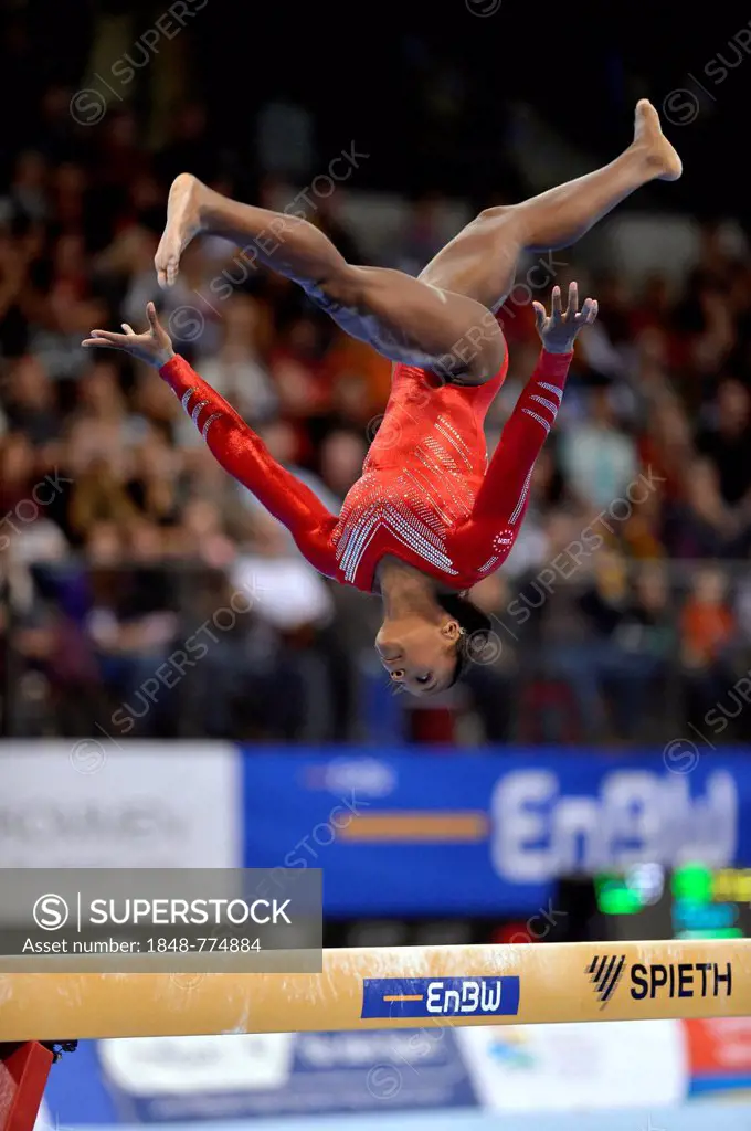 Gymnast Elizabeth PRICE, USA, performing on balance beam, EnBW Gymnastics World Cup 2012, Porsche-Arena