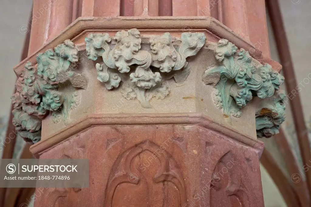 Gothic capital with floral ornaments made of sandstone, center column, in the chapter house of Eberbach Abbey