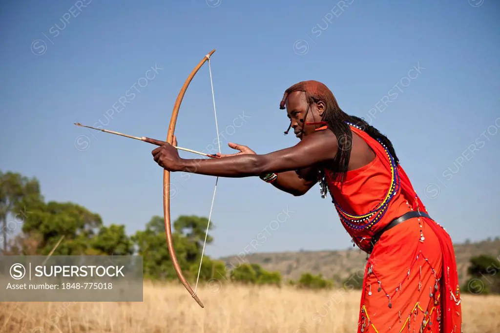 Maasai warrior wearing traditional dress while doing archery with a bow and arrow