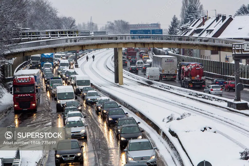 Traffic jam on the A40 motorway in winter, Ruhrschnellweg Autobahn