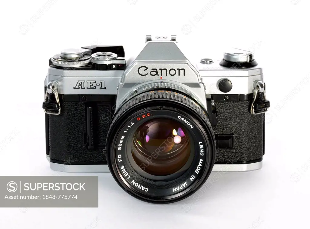 Analogue SLR Canon AE-1 with a FD 50mm 1:1.4 S.S.C. lens, milestone in film camera history