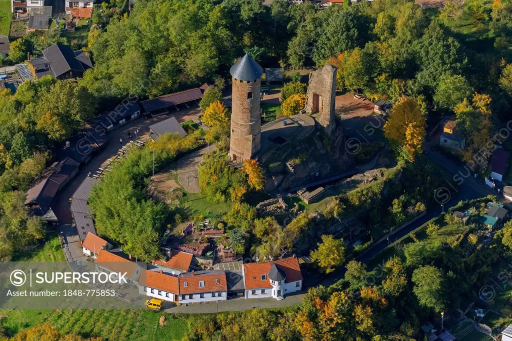 Aerial view, ruins of Burg Kirkel Castle, castle ruins, castle tower