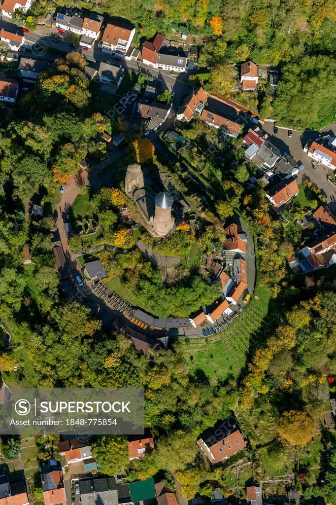 Aerial view, ruins of Burg Kirkel Castle, castle ruins, castle tower