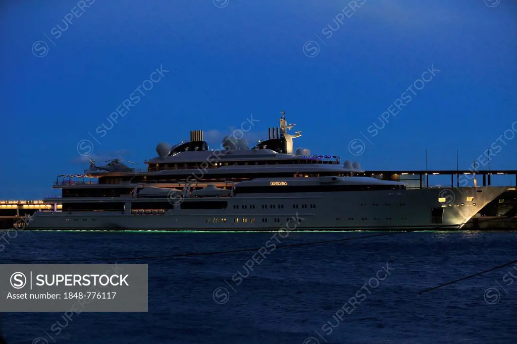 Motoryacht Katara in the harbour of Monaco in the evening, Luerssen Yachts shipyard, length 124.4 metres, built in 2010, owned by Sheikh Hamad bin Kha...