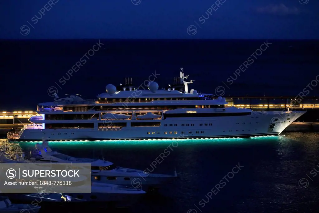 Motoryacht Katara in the harbour of Monaco in the evening, Luerssen Yachts shipyard, length 124.4 metres, built in 2010, owned by Sheikh Hamad bin Kha...