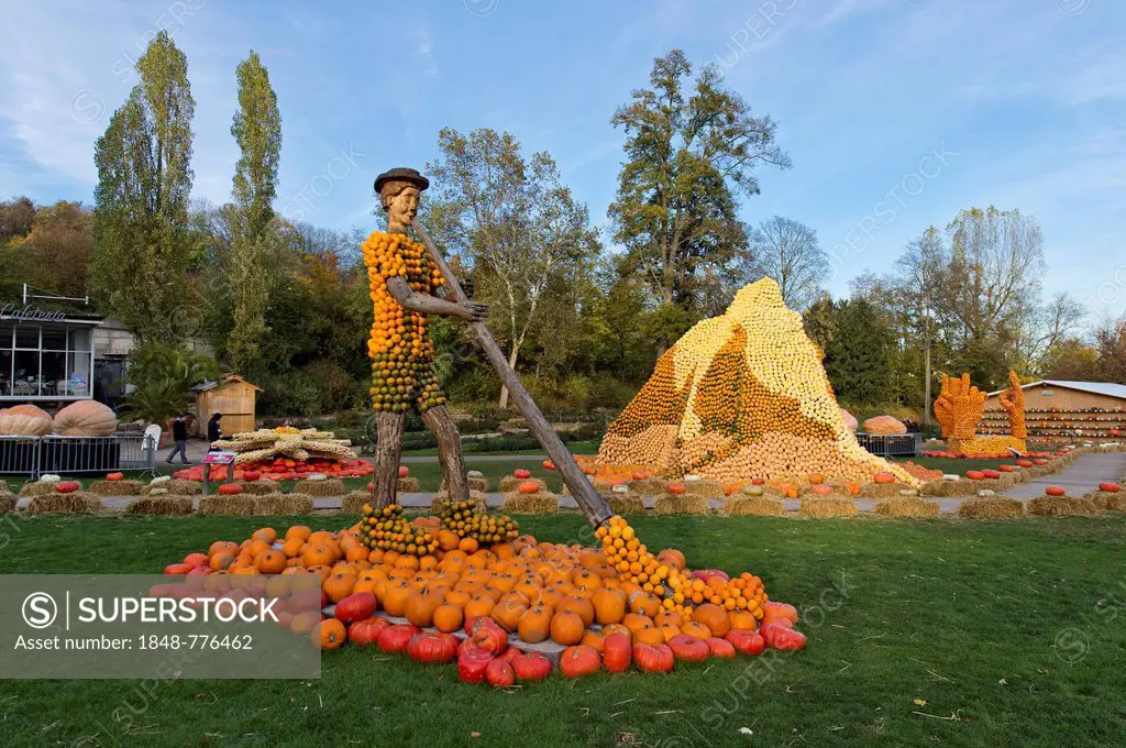 Figure of an alphorn player, hill made out of pumpkins, pumpkin exhibition, Ludwigsburg, Baden-Wuerttemberg, Germany, Europe
