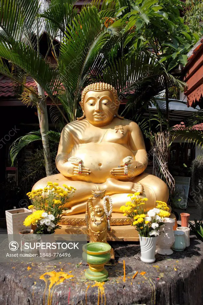Golden Buddha statue in the garden of the Wat Phra Singha temple, Chiang Rai, Thailand, Asia