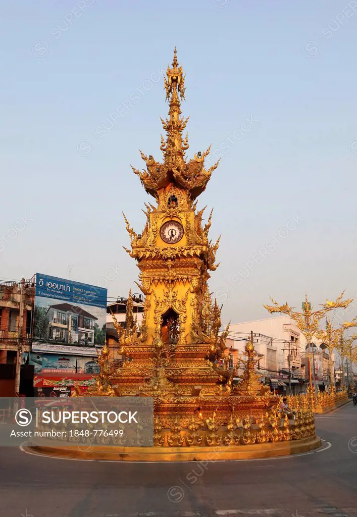 The golden clock tower, landmark, Chiang Rai, Thailand, Asia
