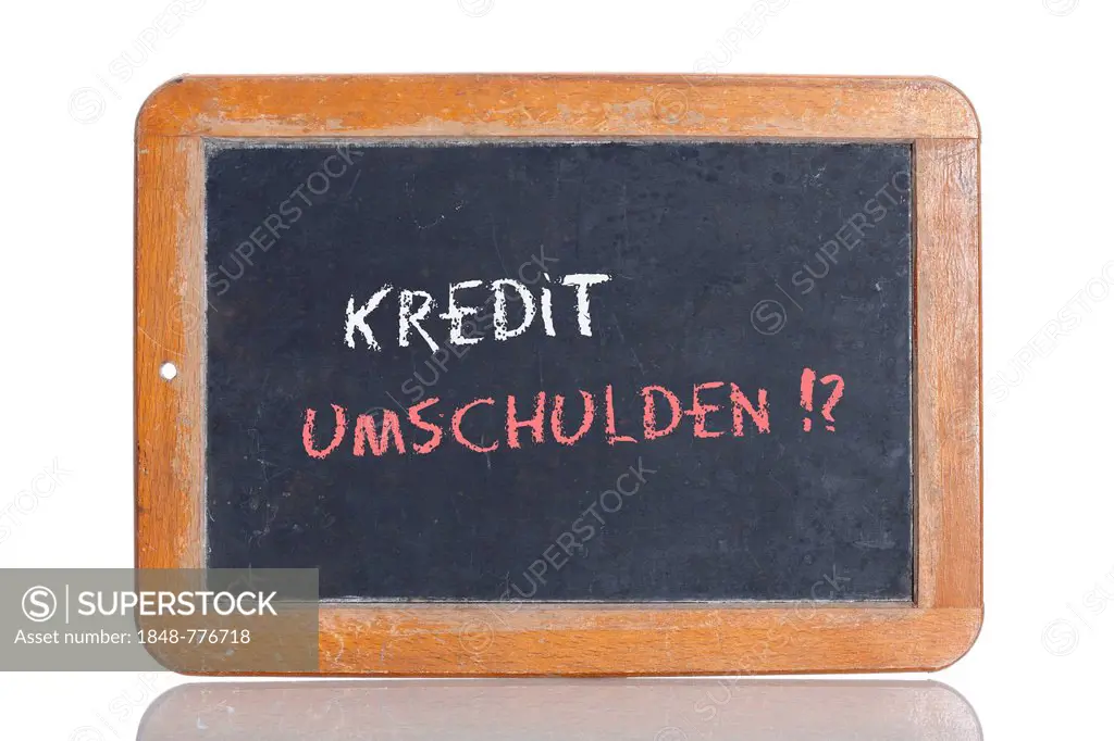 Old school blackboard with the words KREDIT UMSCHULDEN!, German for Credit refinance!