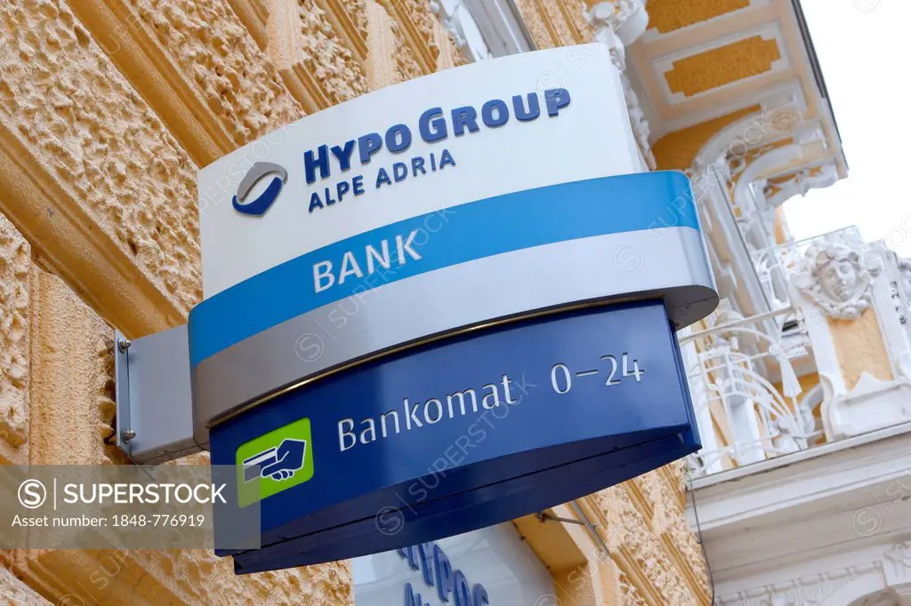 Logo, signage on a branch of the bank of Hypo Group Alpe Adria in Opatija, Istria, Croatia, Europe