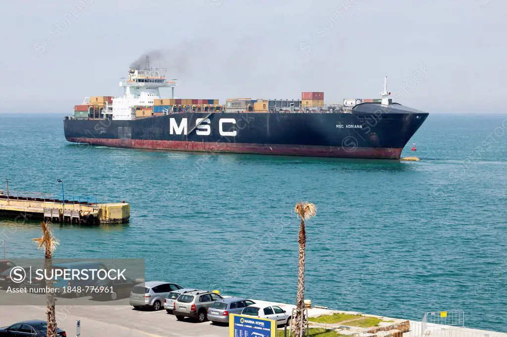 Cargo ship, MSC Adriana, departing from the port of Koper, Slovenia, Europe