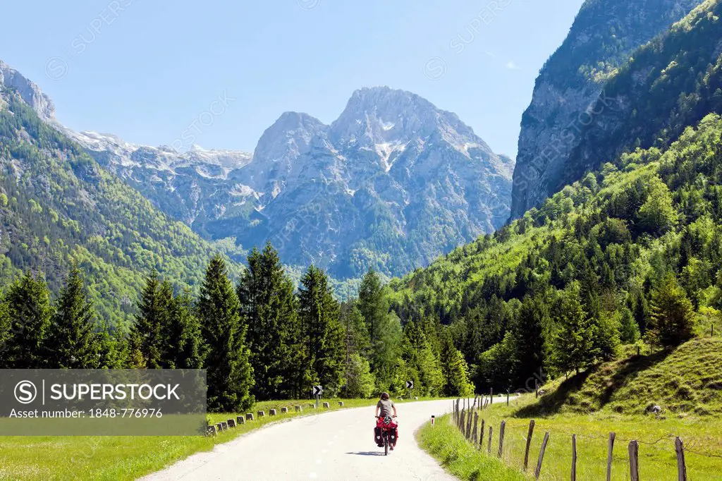 Soca Valley, cyclist, in Triglav National Park, Julian Alps, near Bovec, Slovenia, Europe