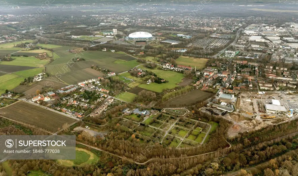 Aerial view, cemetery plot where fans of the traditional football club Schalke 04 can be buried, at Friedhof Beckhausen-Sutum cemetery, with Veltins A...