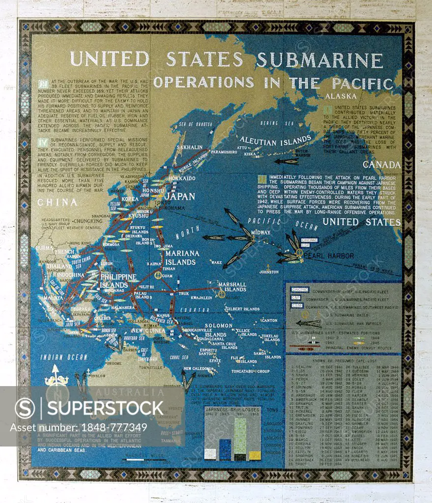 Mosaic map of the successfully completed American operations during the Pacific War, Submarine Operations in the Pacific, Manila American Cemetery, Fo...