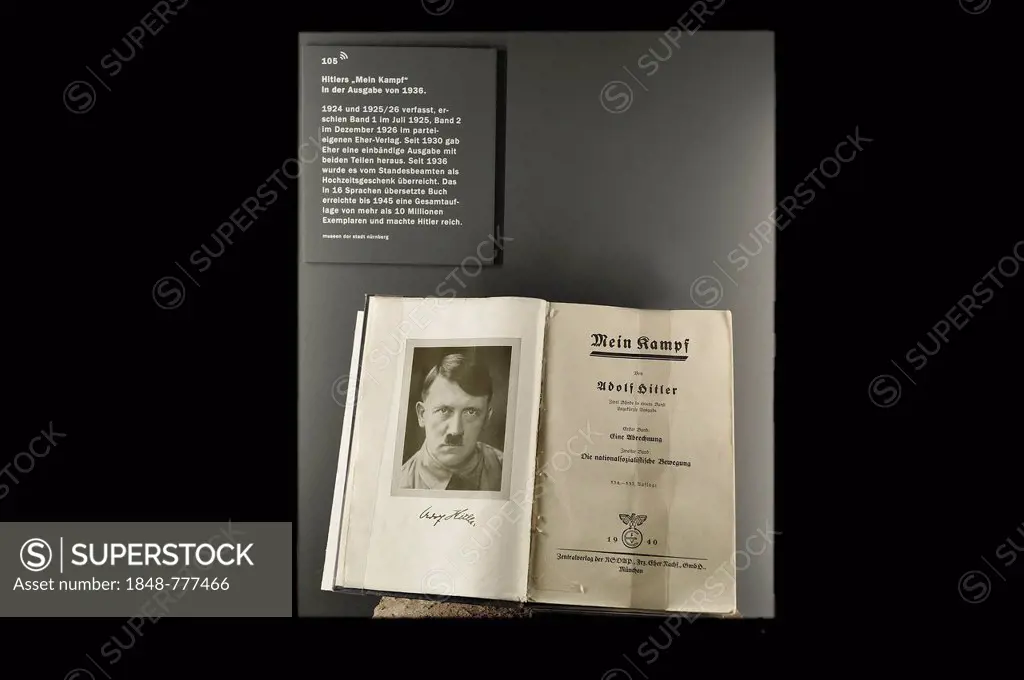 The book Mein Kampf, 1936 edition, by Adolf Hitler, part of the permanent exhibition, Fascination and Violence, in the Documentation Centre Nazi Party...