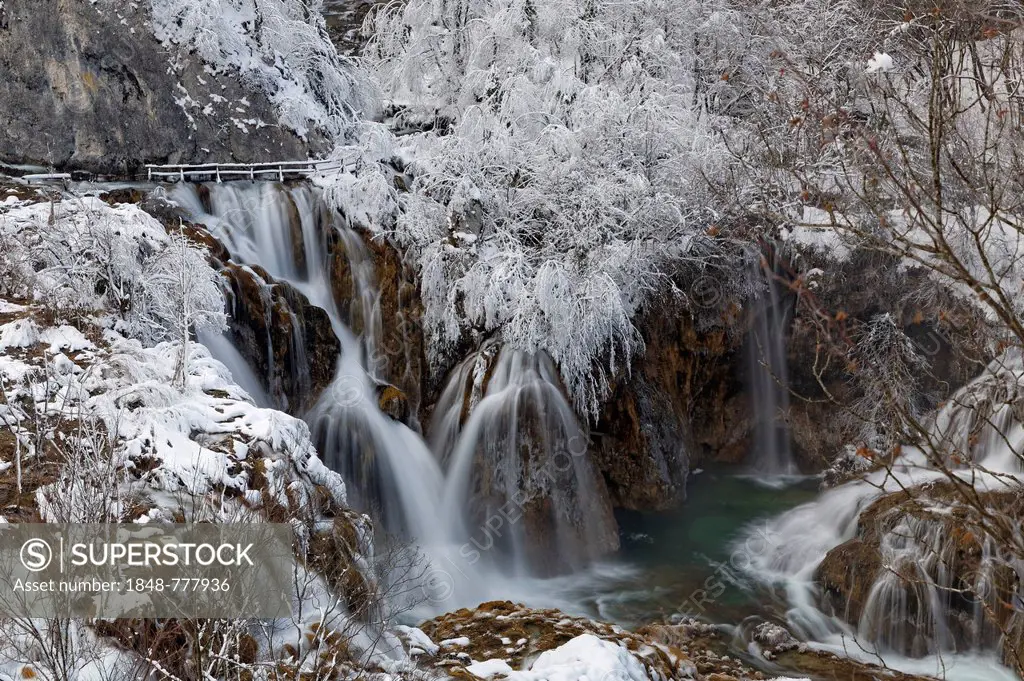 Waterfalls at the Large Waterfall or Veliki Slap, in winter