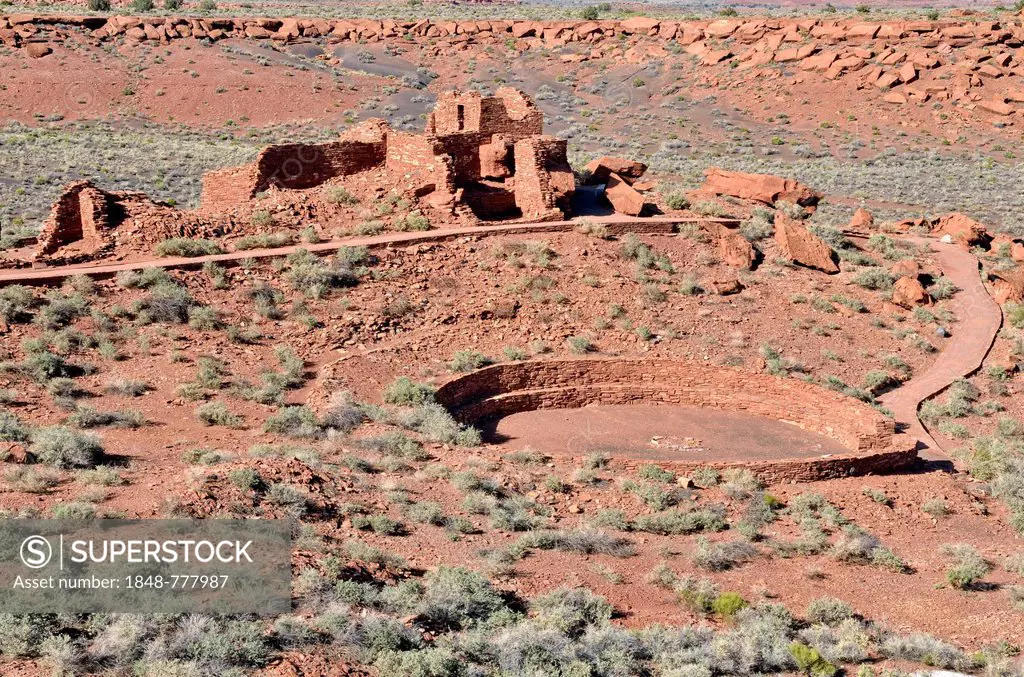 Wupatki Pueblo with a large meeting space, historic remains of a residential area of the Sinagua