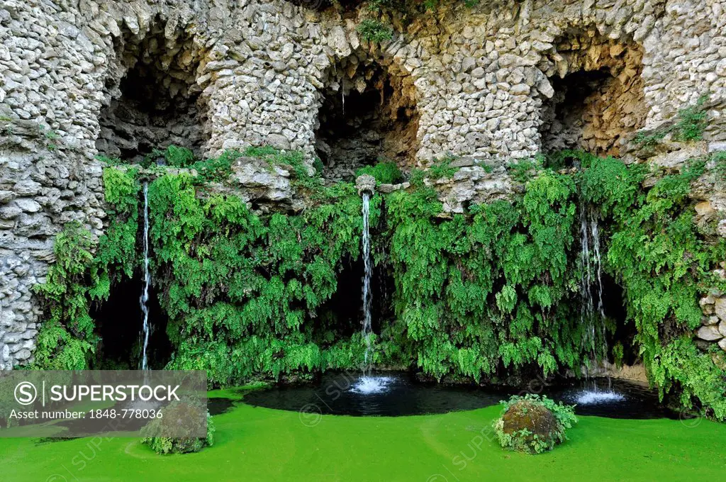 Gargoyles at the grotto of the water source, Fontana del Diluvio, flood fountain, garden of Villa Lante