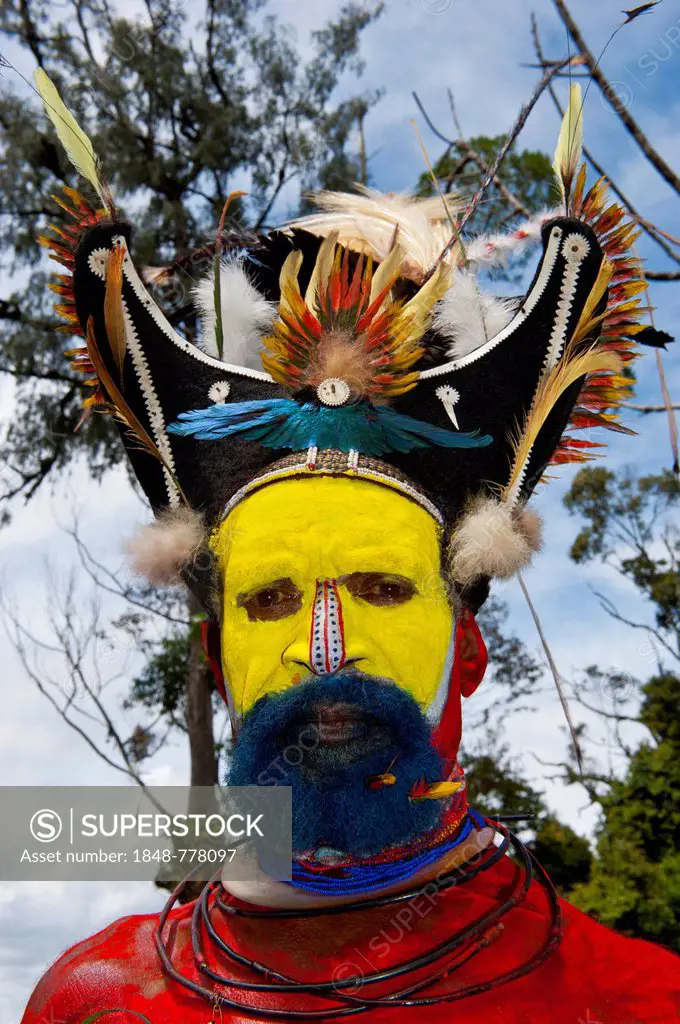 Man with colourful decorations and face paint is celebrating at the traditional Sing Sing gathering in the highlands