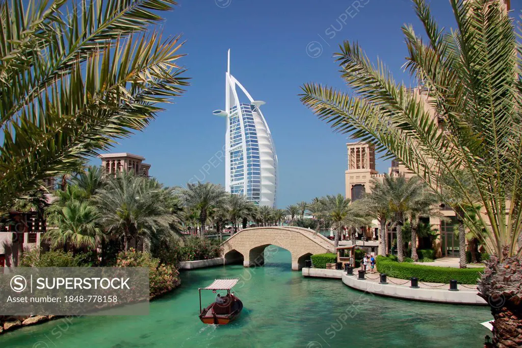 Water channel at Madinat Jumeirah, Burj al Arab luxury hotel at back