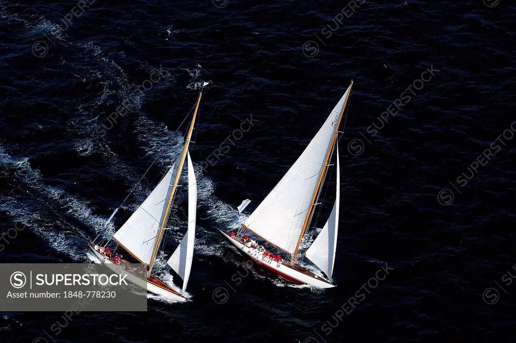Classic yachts, Thea and Trevia, during their match race, 12-metre yachts beating to windward