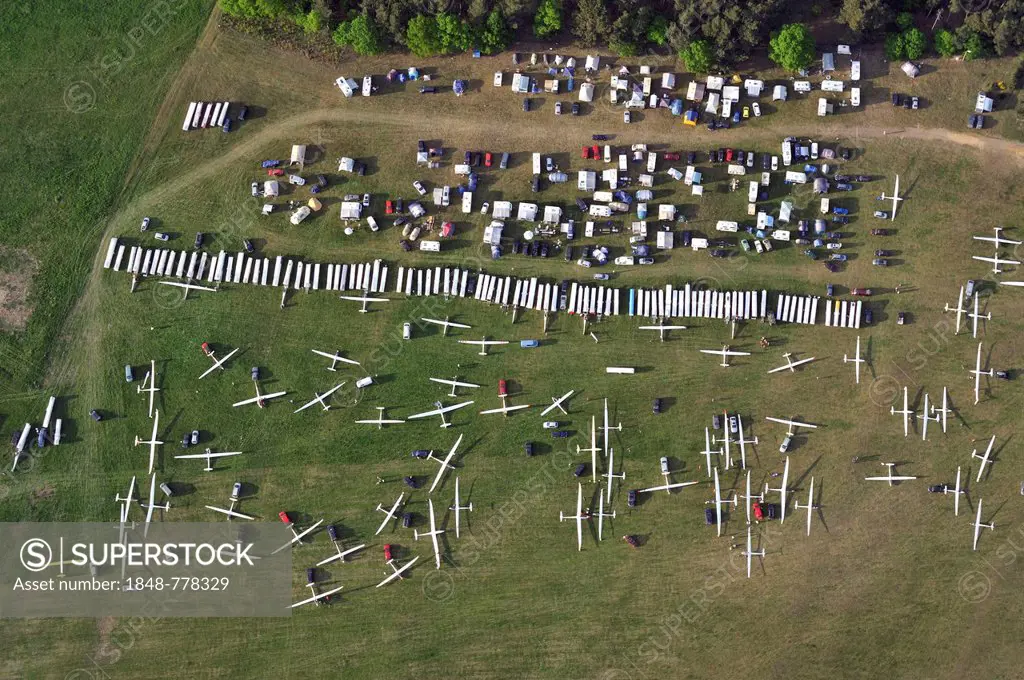 Aerial view, gliders on the airfield at Klix for the gliding competition Cup of the Old Long Ears