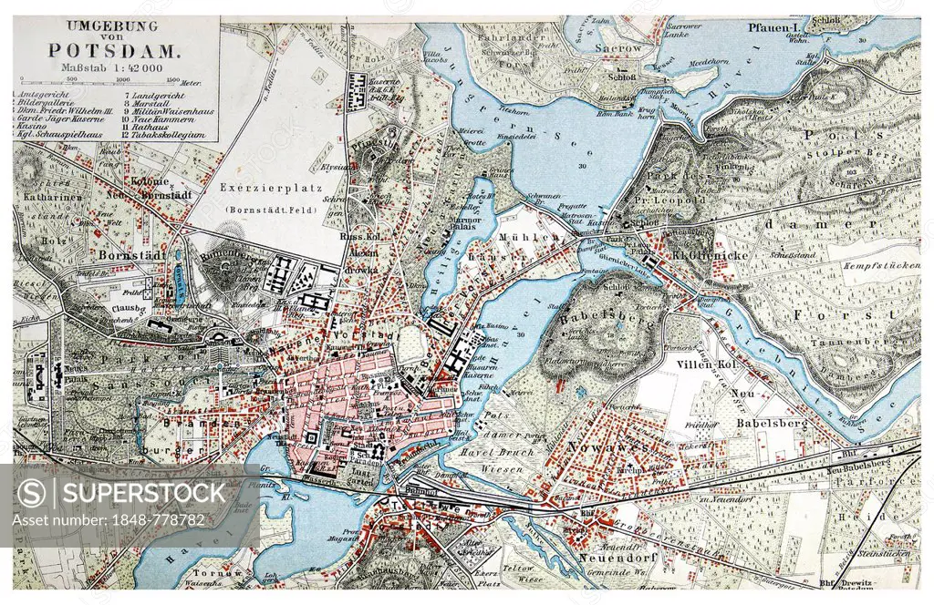 Map of the area surrounding Potsdam, from Meyers Konversations-Lexikon encyclopaedia, 1897