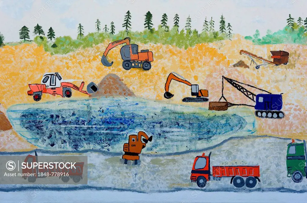 Naive wall painting, excavators and trucks in a landscape during earthworks