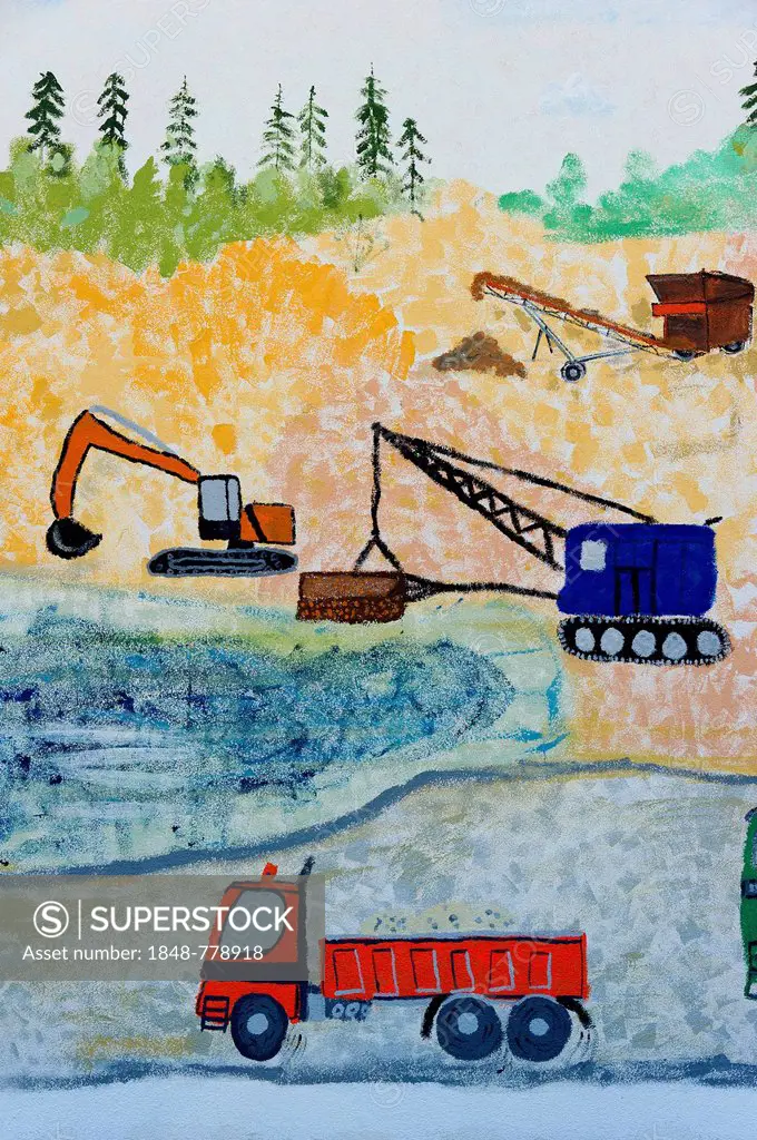 Naive wall painting, excavators and trucks in a landscape during earthworks