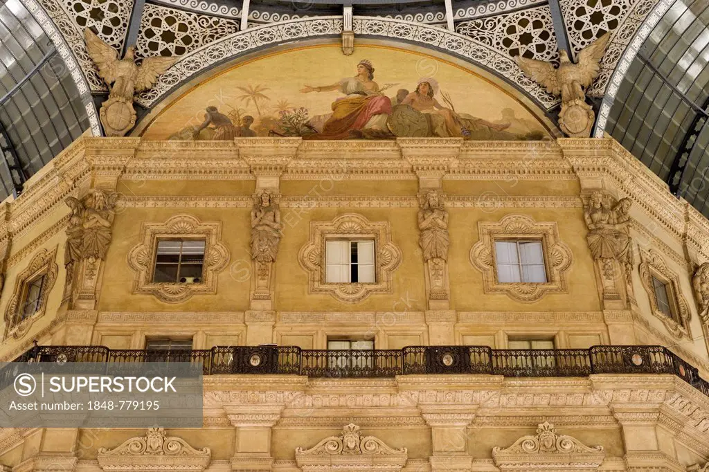 Fresco representing America in a lunette of the dome of Galleria Vittorio Emanuele II, opened on 15 September 1867, architect Giuseppe Mengoni