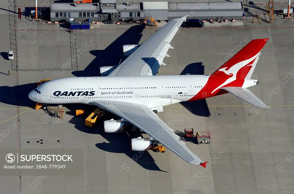 Aerial view, Qantas Airbus A380 before delivery from the factory, Finkenwerder Airport