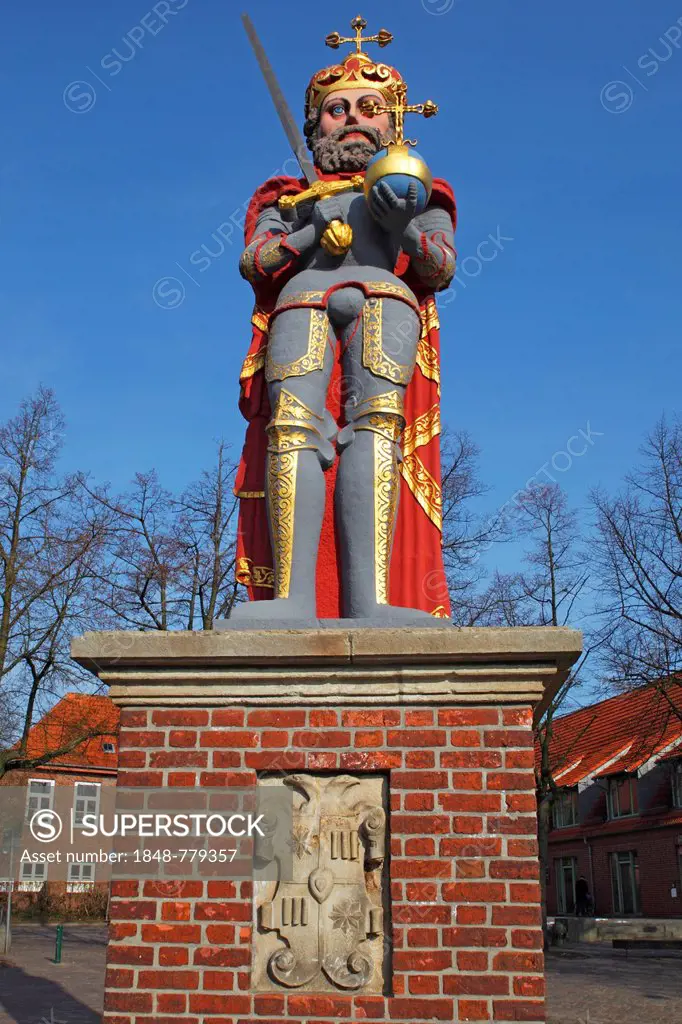 Historical Roland statue in the market square, landmark of the town of Wedel
