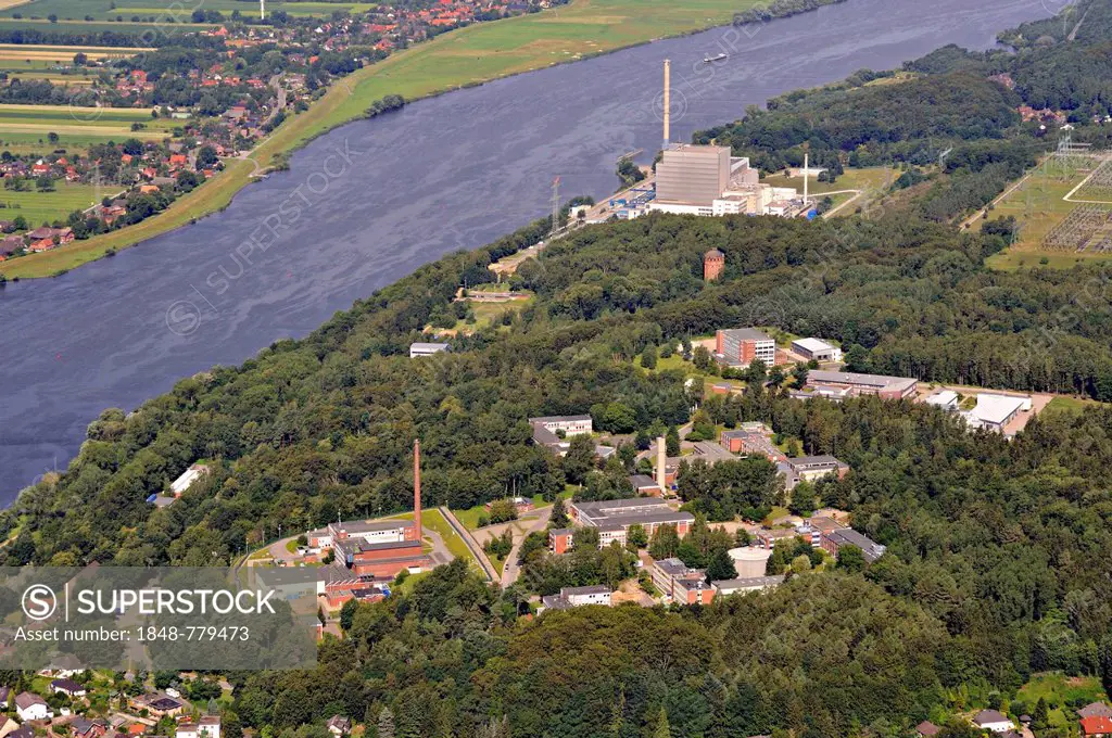Aerial view, Helmholtz-Zentrum Geesthacht Centre for Materials and Coastal Research, with Kruemmel Nuclear Power Plant