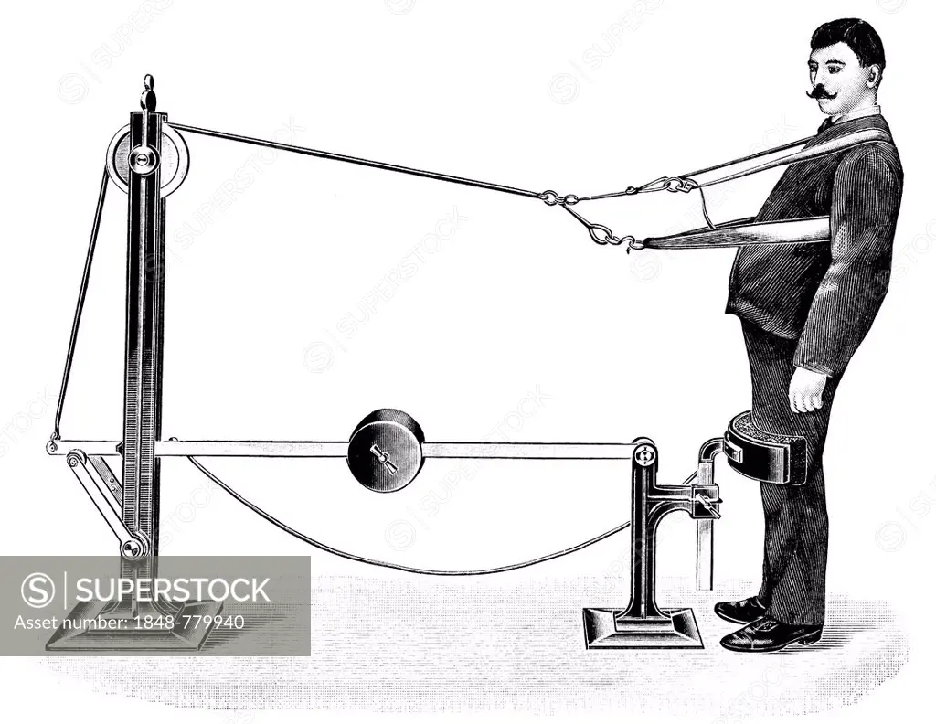 Medico-mechanical treatment on a Zander machine, state of the art of therapeutic techniques, early 20th Century, illustration