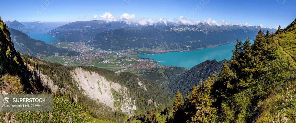 View from Schynige Platte to Mt Oberberghorn, towns of Interlaken and Boeningen in the valley with Lake Thun and Lake Brienz