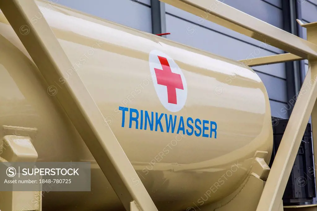 Drinking water tank of the DRK, German Red Cross, to supply the population with potable water in the event of a disaster