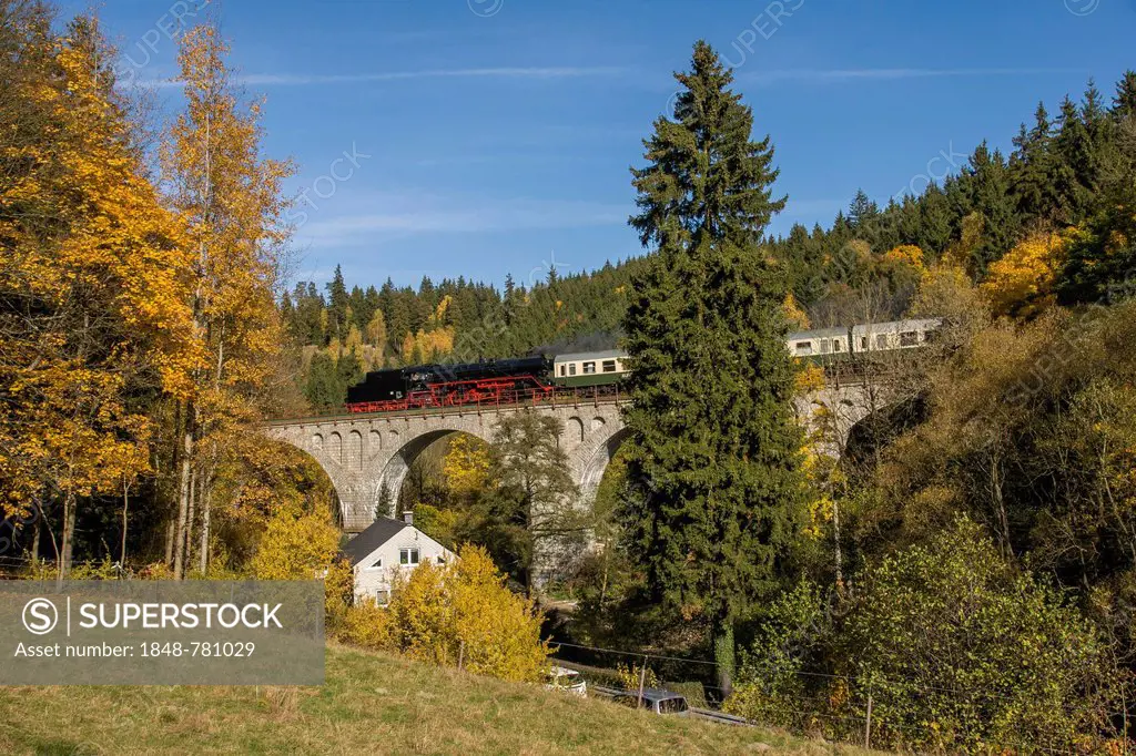 Viaduct at Baerenmuehle at Wurzbach, passenger train with steam locomotive