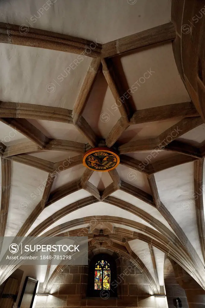 Vaulted ceiling with the coats of arms of the builders in the entrance hall of Tucher Mansion, built 1533-1544