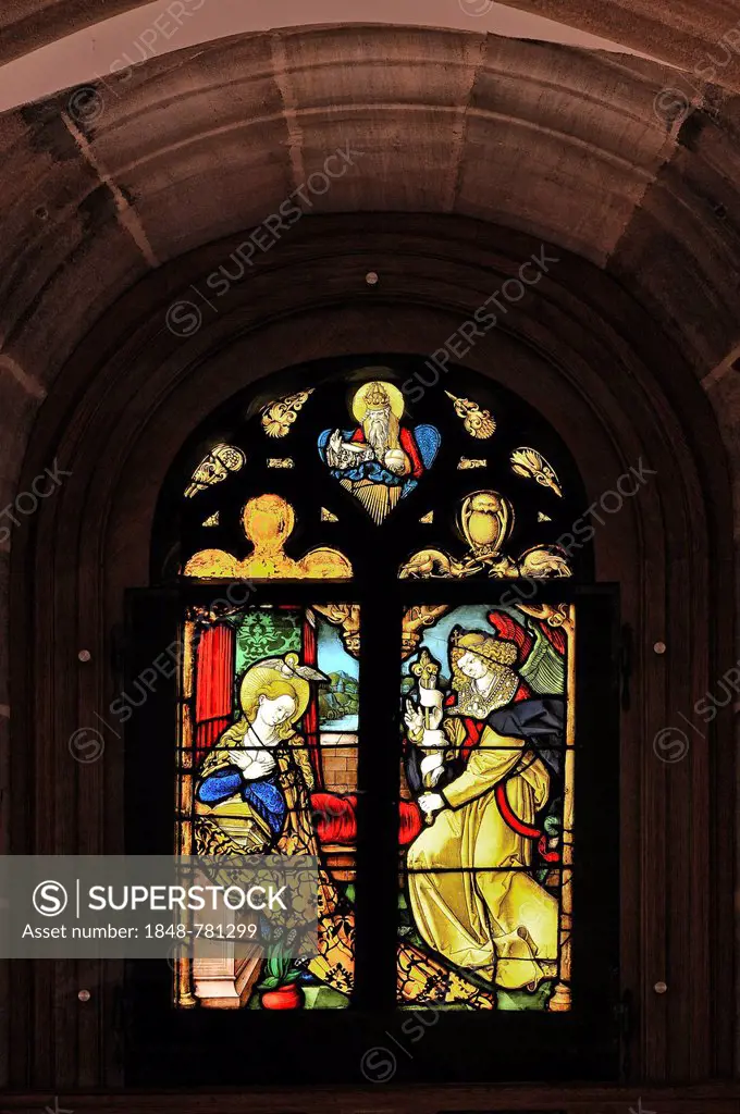 Tracery window with a holy scene, traces back to a draft from Duerer's workshop, entrance hall of Tucher Mansion, built 1533-1544