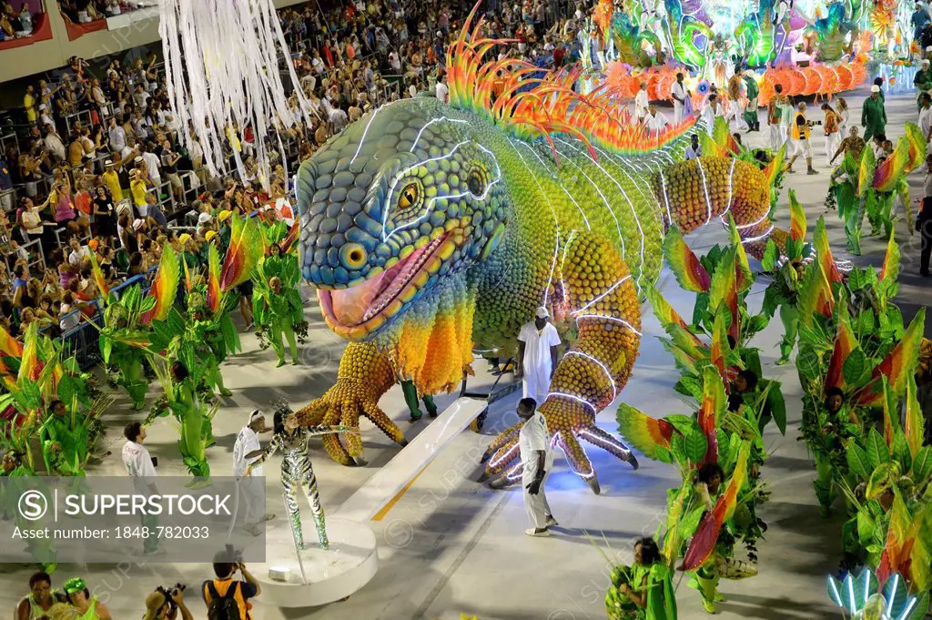 Giant green iguana, parade of the Academicos do Grande Rio samba school during the Carnival in Rio de Janeiro in 2013