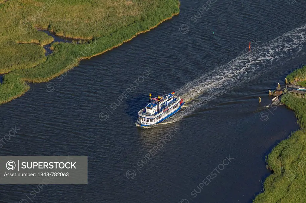 Aerial view, Mississippi steamboat, riverboat near the Mueggenburg ferry dock, Grosser Kirr Island, Barther Bodden lagoon