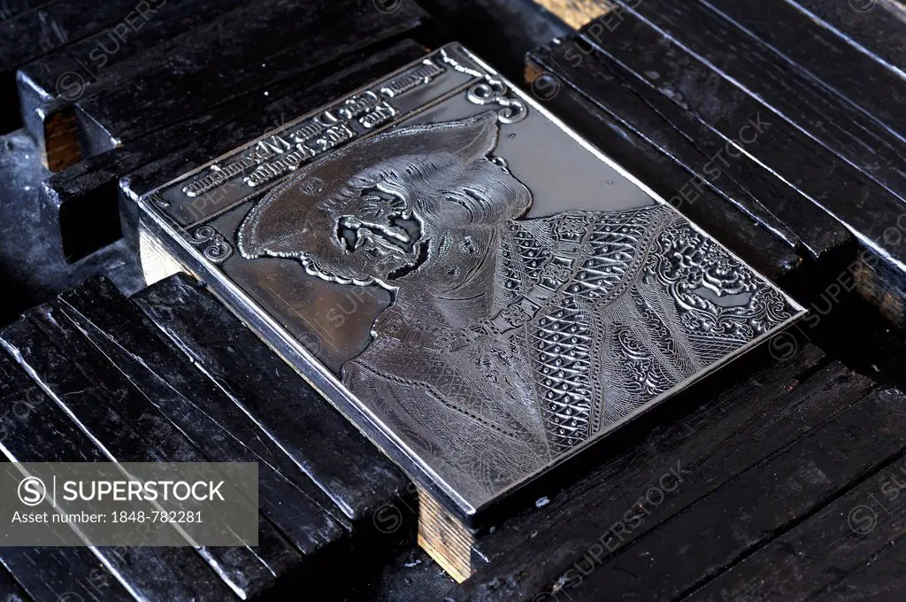 Clamped printing plate in a relief printing press for printing woodcuts, Albrecht Duerer House
