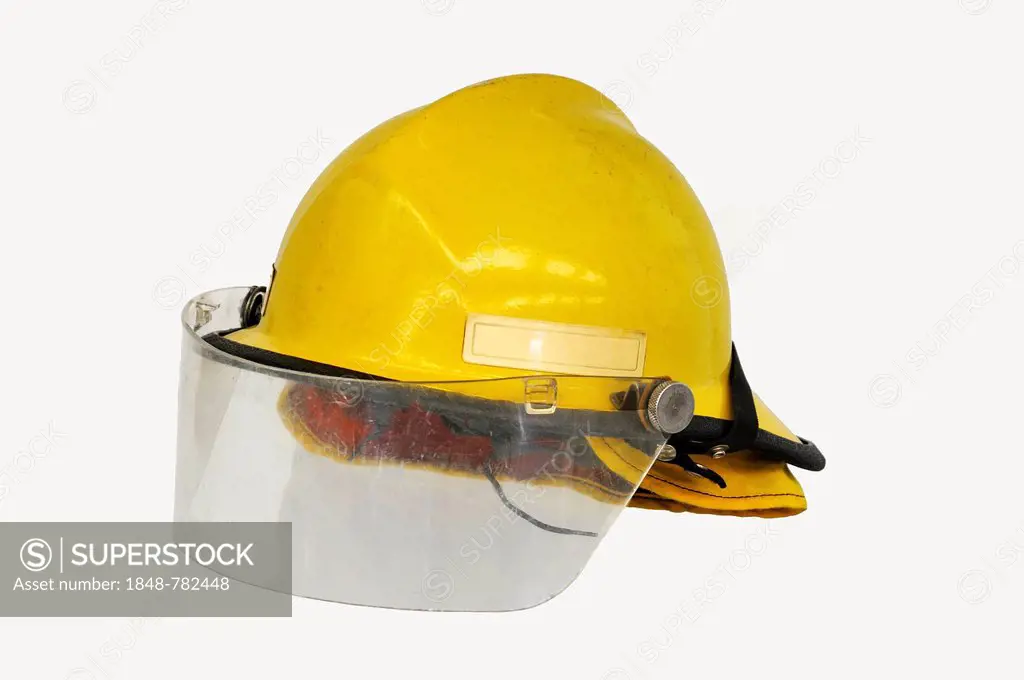 Canadian firefighter's helmet with neck protection and reflector strips, Feuer und Flamme - Die Feuerwehr von 1850 bis heute, an exhibition of 150 yea...