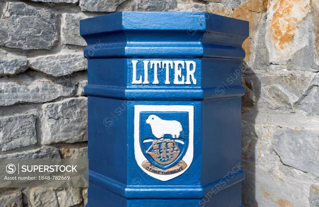 Bin with the coat of arms of the Falkland Islands and the motto Desire the Right