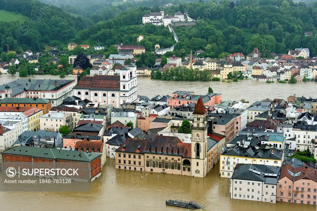 Historic town centre with Mariahilf Monastery, St. Michael's Church and the Town Hall during the flood on 3rd June 2013
