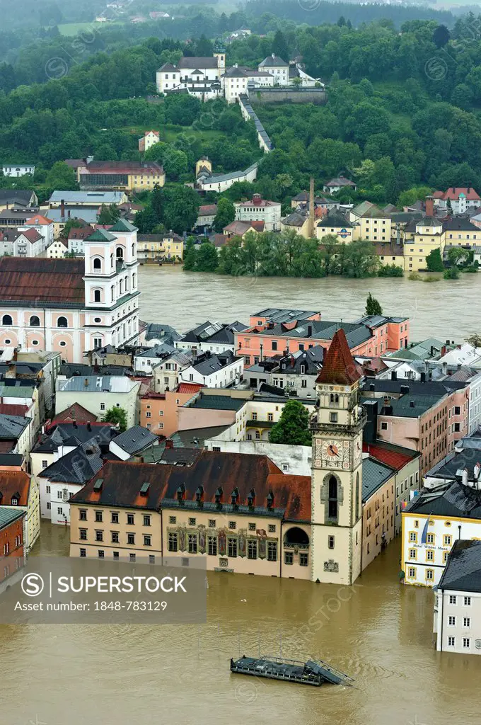Historic town centre with Mariahilf Monastery, St. Michael's Church and the Town Hall during the flood on 3rd June 2013