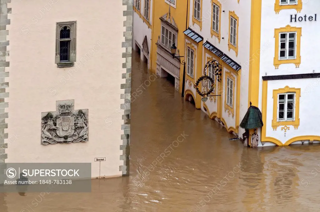 Town Hall with the flood water exceeding the historical flood level marker during the flood on 3rd June 2013